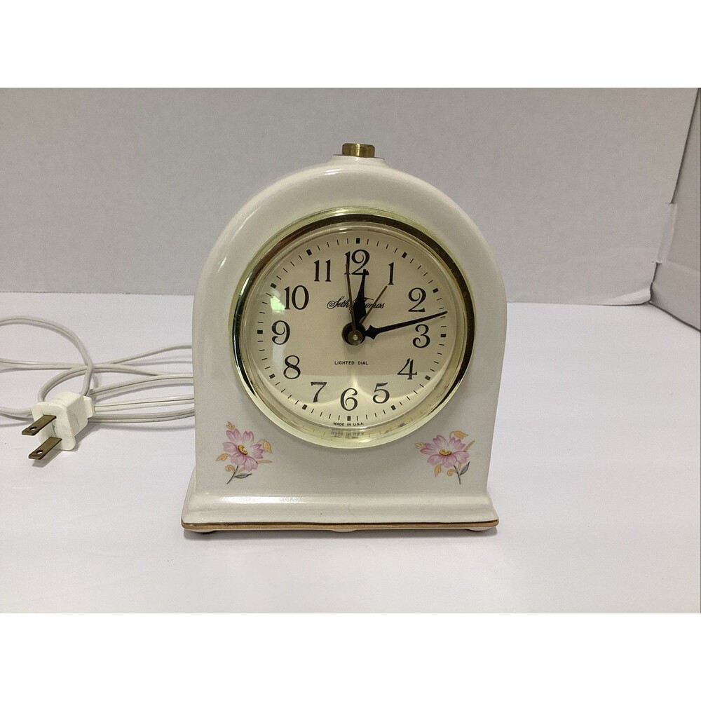 vintage seth thomas 6” “fanciful” ceramic quartz clock gold trim USA